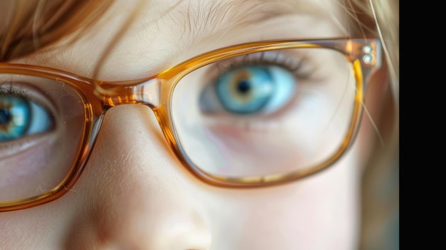 Photo closeup of child with blue eyes wearing glasses