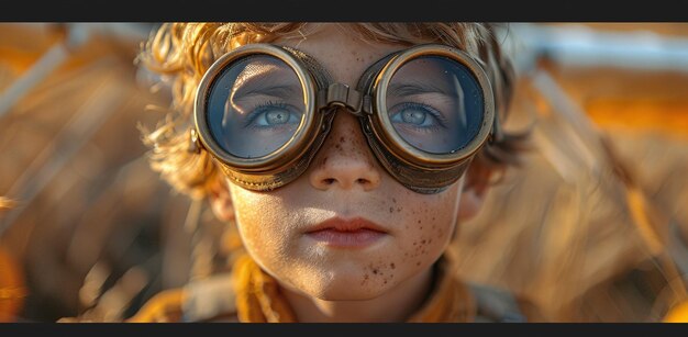 Closeup of a child with goggles looking intently at the camera with a warm blurred background