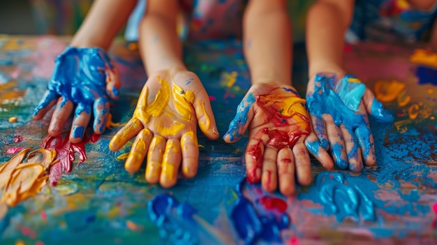 Photo closeup of childrens hands covered in vibrant paint showing creativity and artistic expression during a fun painting activity