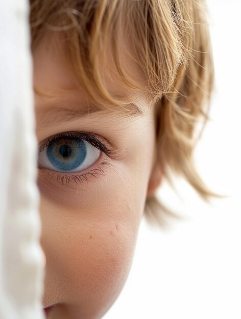 Photo closeup of childs blue eye and blond hair innocence and curiosity