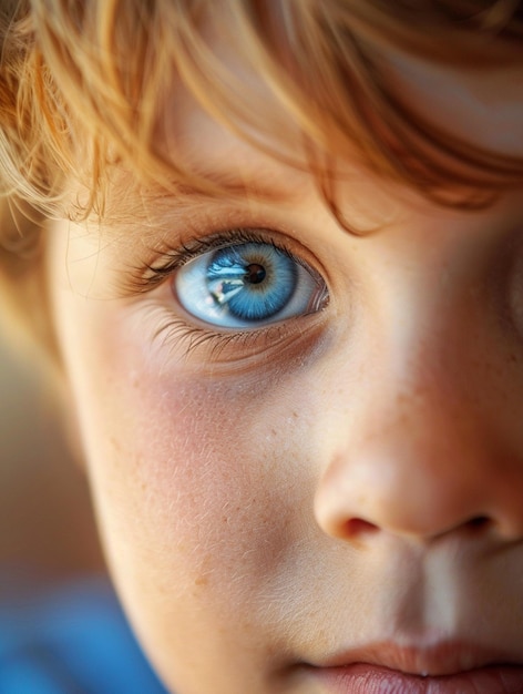 Photo closeup of childs blue eye with reflective detail