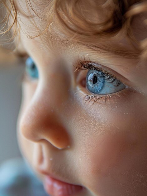 CloseUp of Childs Blue Eyes and Curly Hair