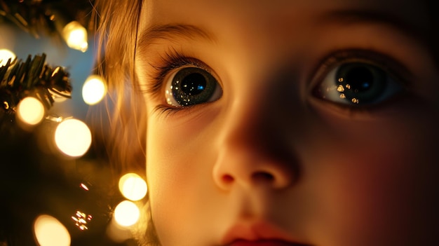 Photo closeup of a childs eye reflecting christmas lights