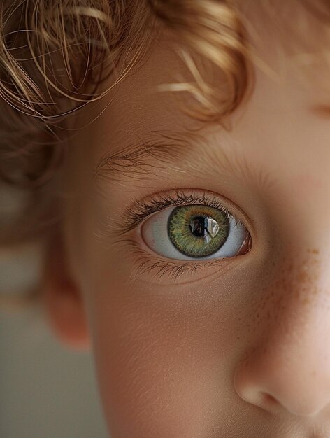 Photo closeup of childs eye with unique green iris and curly hair