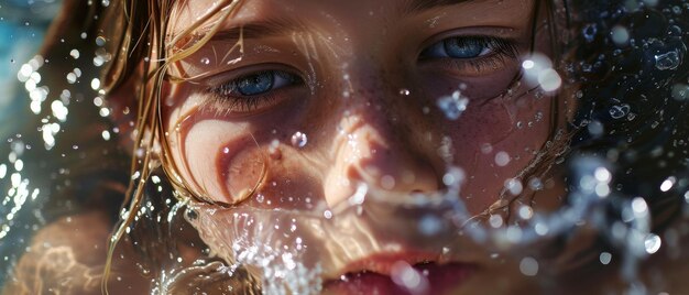 Closeup of a childs face underwater her eyes open with wonder capturing a moment of pure submerged fascination