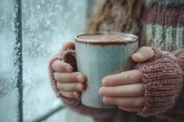 Photo closeup of a childs hands holding a mug of hot chocolate sitting by a frosted window during a snowstorm