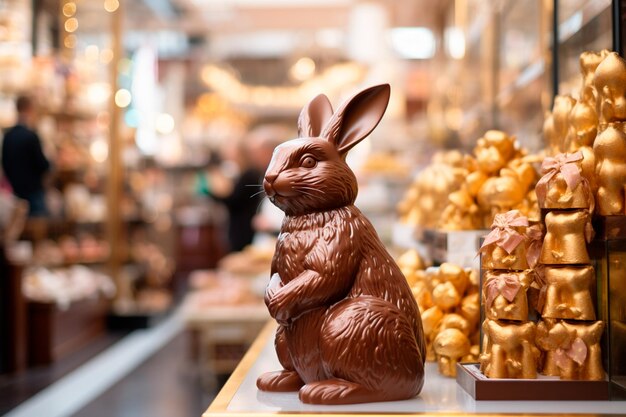 Closeup chocolate bunny on a candy and chocolate shop counter ready for Easter sales