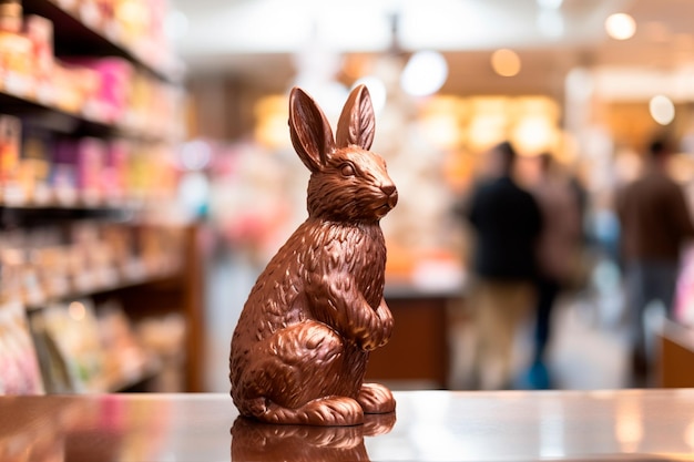 Closeup chocolate bunny on a candy and chocolate shop counter ready for Easter sales