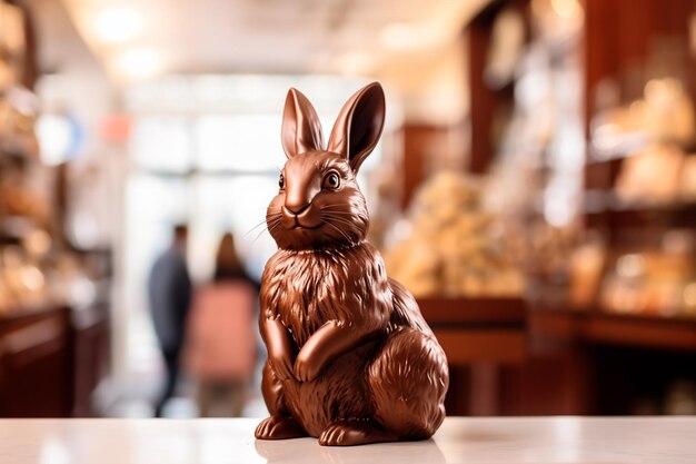 Closeup chocolate bunny on a candy and chocolate shop counter ready for Easter sales