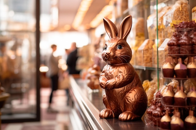 Closeup chocolate bunny on a candy and chocolate shop counter ready for Easter sales