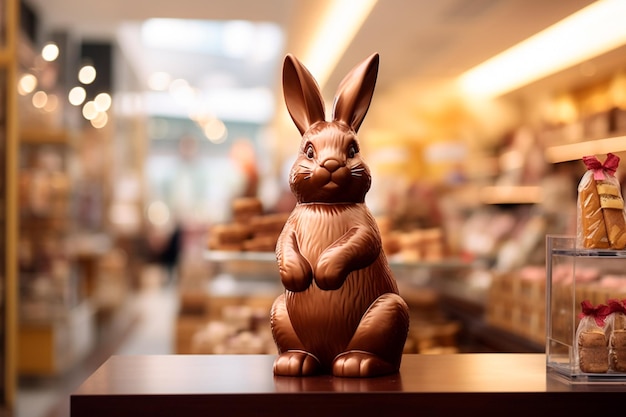 Closeup chocolate bunny on a candy and chocolate shop counter ready for Easter sales