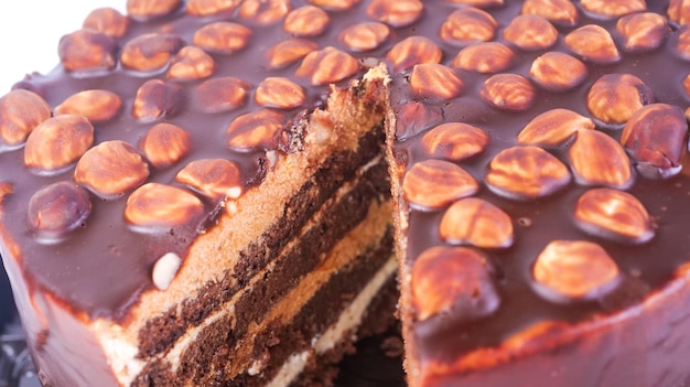 Closeup chocolate cake decorated with hazelnuts