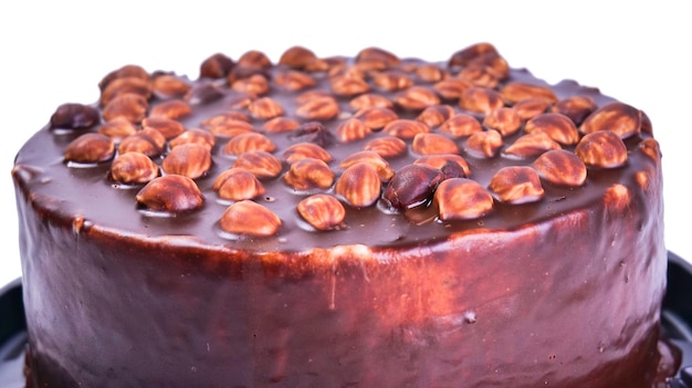 Closeup chocolate cake decorated with hazelnuts