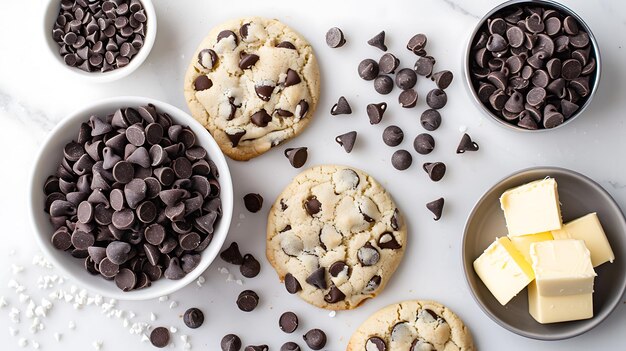 Photo closeup of chocolate chip cookies chocolate chips butter and white sugar crystals