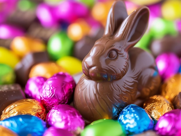 Photo a closeup of chocolate easter bunnies and candies with colorful foil wrappings ar 43 stylize 50 v 6 job id 384ceece75094da98d6fdcdcba8ca453