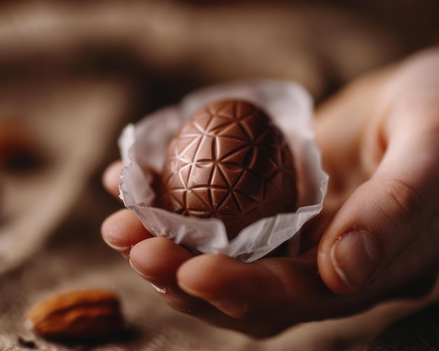 Photo closeup of a chocolate egg being unwrapped easter sweet treat delight perfect for holiday