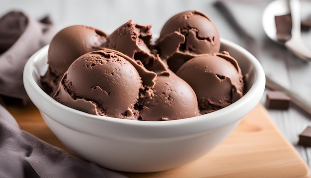 Closeup of chocolate ice cream in the white bowl