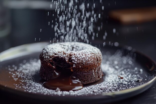 A closeup of a chocolate lava cake on a black plate dusted with powdered sugar A decadent chocolate lava cake with a dusting of powdered sugar