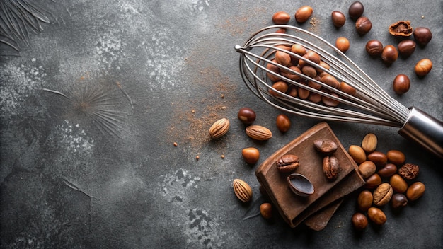 Photo closeup of chocolate nuts and a whisk on a dark background