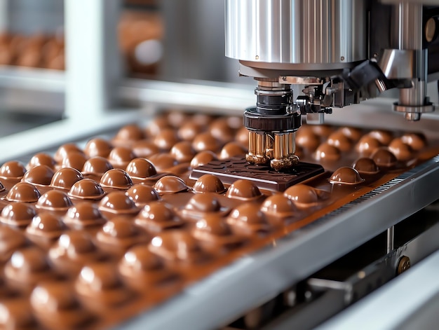 Closeup of a chocolate production line with a machine filling molds with liquid chocolate