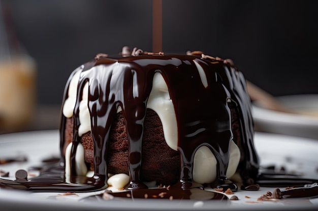 Closeup of chocolate sauce drizzled over cake or sundae created with generative ai