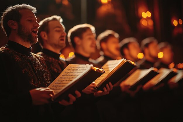 Photo closeup of choir members holding hymn books during a performance in a beautiful cathedral