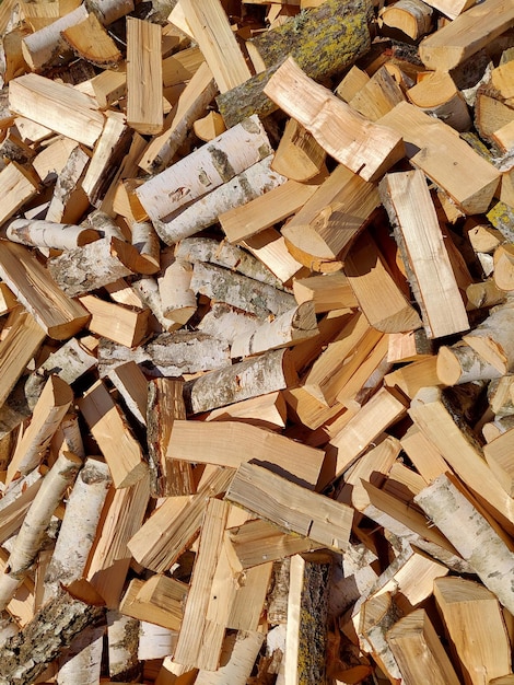 Closeup of chopped firewood in a pile Firewood background