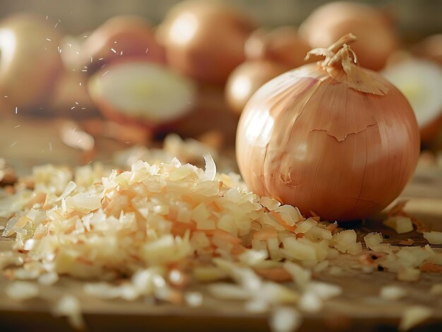 Closeup of Chopped White Onion with Whole Onion Photo