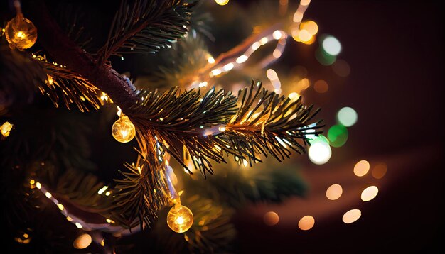 Closeup of Christmas Tree Branch with Lights with Generative AI Technology