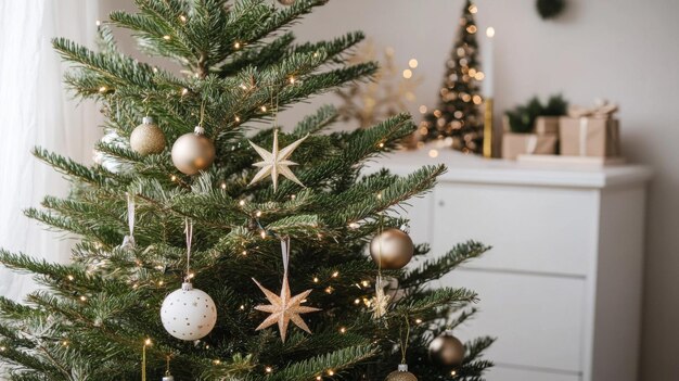 Closeup of a Christmas Tree Decorated with Gold Ornaments and Stars