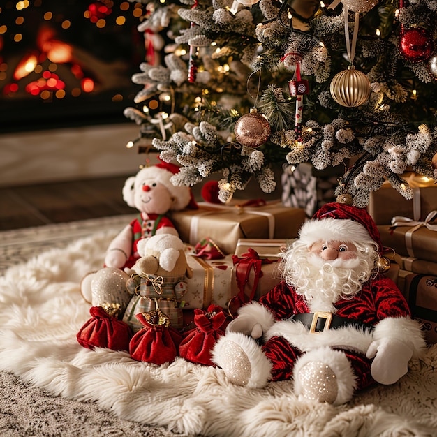 closeup of a Christmas tree decorated with toys and presents underneath next to a stuffed doll in