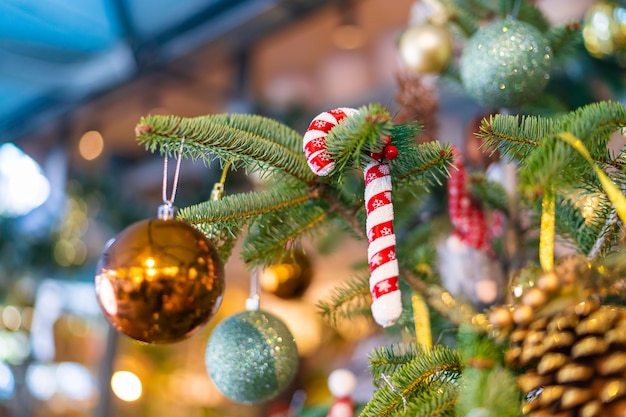 Closeup of christmas tree decorations new year background