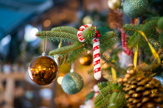 Closeup of christmas tree decorations new year surface