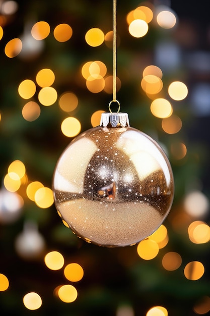 closeup of a Christmas tree ornament with a blurred background of bokeh lights and large copy space