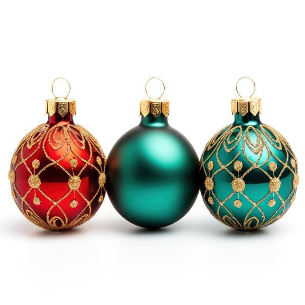 Closeup of Christmas tree ornaments on a white background