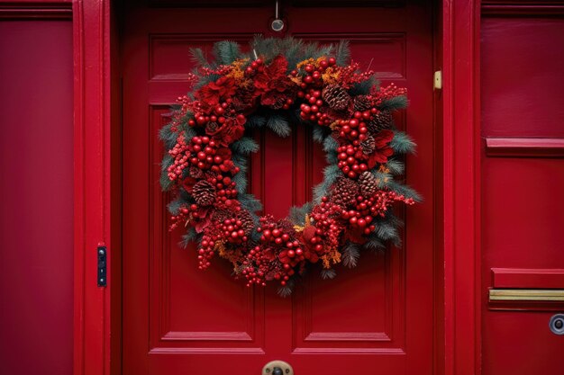 Closeup of a christmas wreath hung on a red door