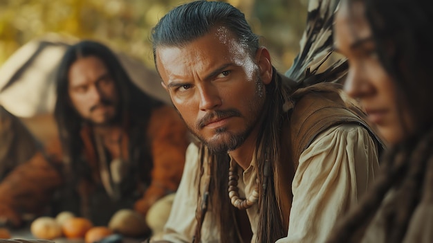 Photo closeup cinematic pilgrim and native american characters in a thanksgiving camping scene