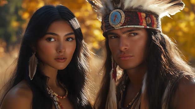 Photo closeup cinematic pilgrim and native american characters in a thanksgiving camping scene