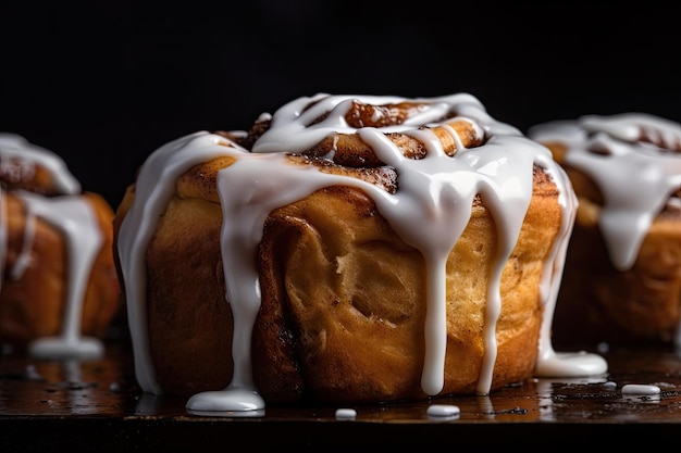 Closeup of cinnamon bun with drizzle of icing