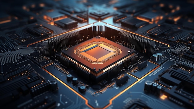 Closeup of circuit board with cpu in the center Digital concept