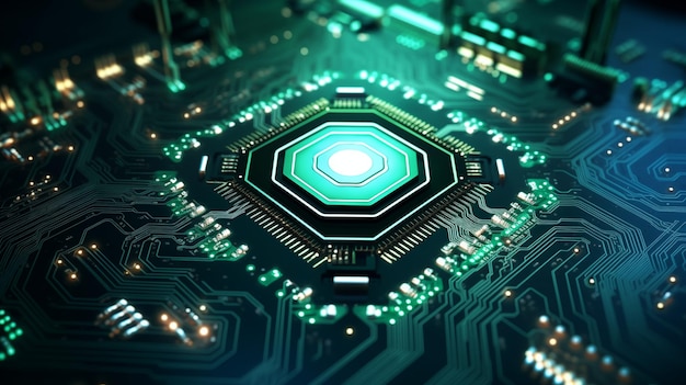 Closeup of circuit board with cpu in the center Digital concept