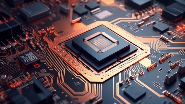 Closeup of circuit board with cpu in the center Digital concept