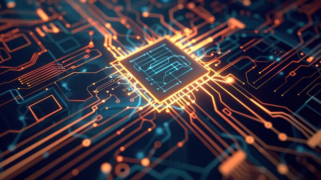 Photo closeup of a circuit board with glowing processor