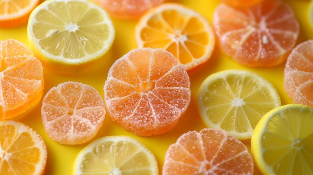 Closeup of citrus jelly candies with fresh lemon and lime slices