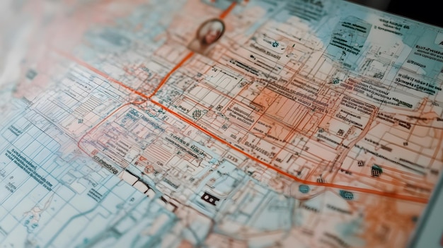 Closeup of a city map with public transportation routes