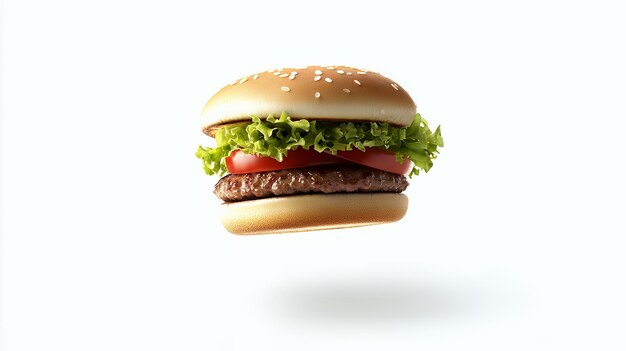 Photo closeup of a classic burger with lettuce tomato and sesame seed bun isolated on white background