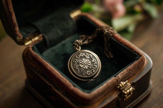 Photo closeup of a classic engraved locket on a chain nestled in a velvetlined vintage jewelry box