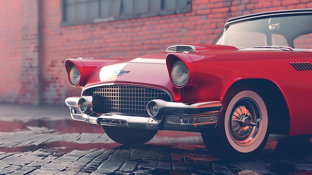 Photo closeup of a classic red car parked in front of a brick building