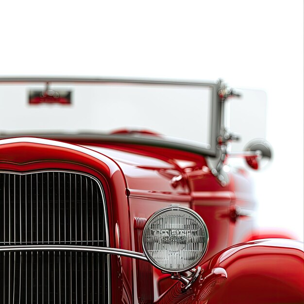 A closeup of a classic red cars front end showcasing the chrome grille and headlight