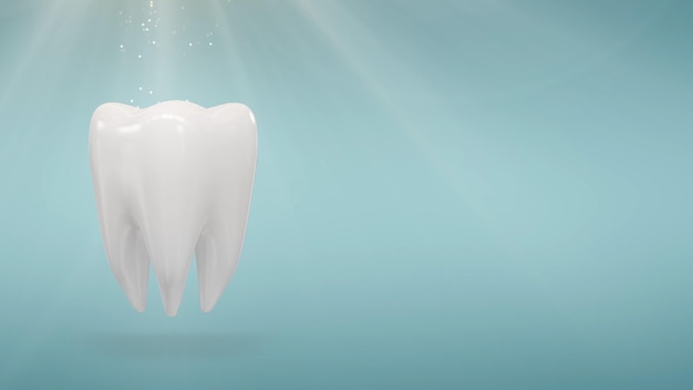 Closeup clean tooth rotation on turquoise background with rays light particular